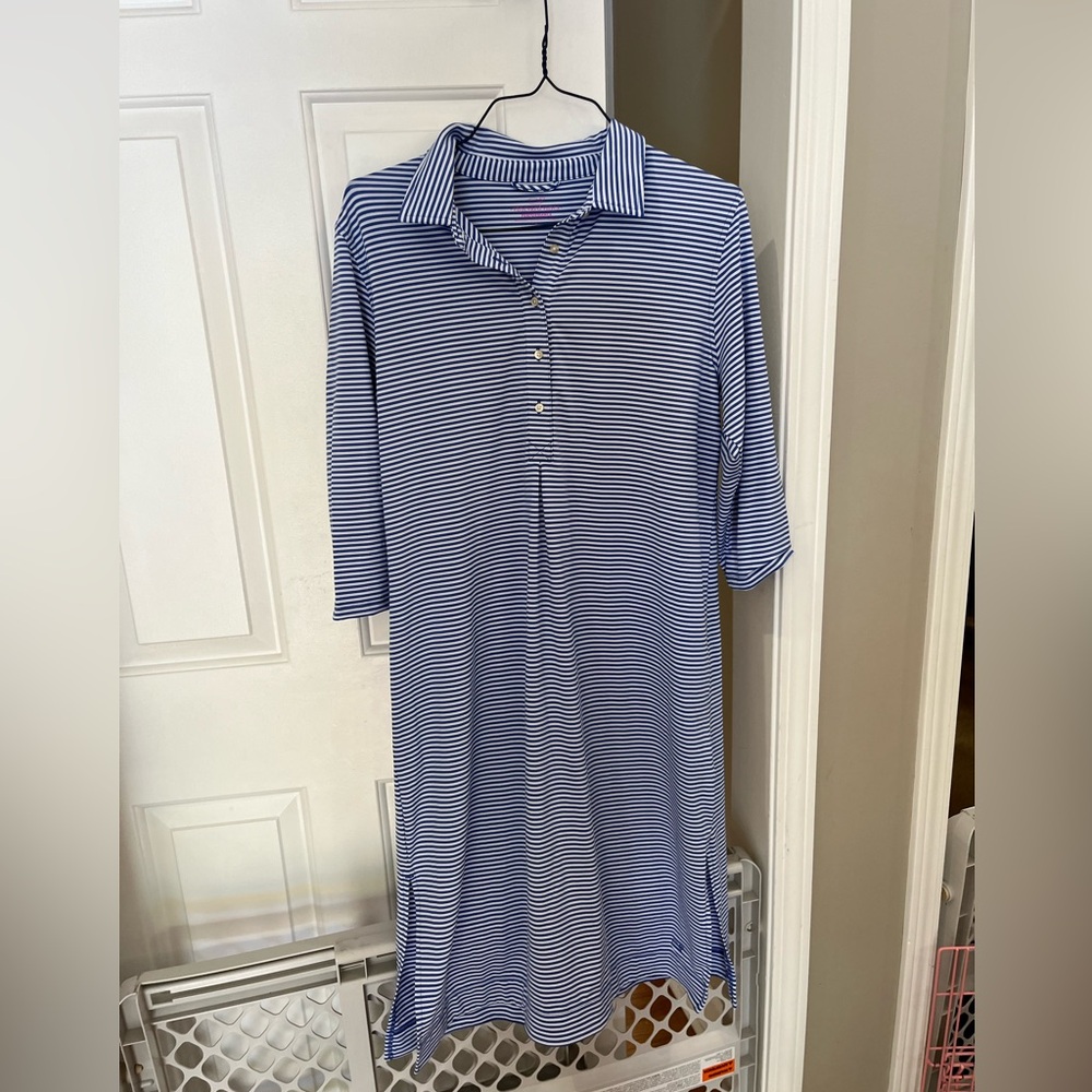 Vineyard Vines striped performance midi shirt dress large blue